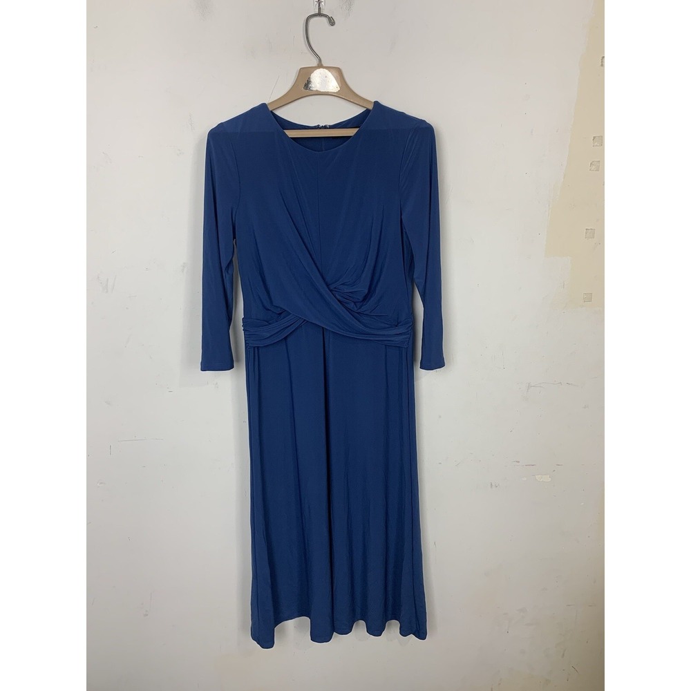 LRL RALPH LAUREN Dress 6 Blue Faux Wrap Midi Date Night Evening 3/4 Sleeve